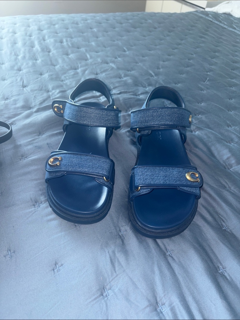 Coach Navy Blue Denim Strap Sandals with Gold Hardware